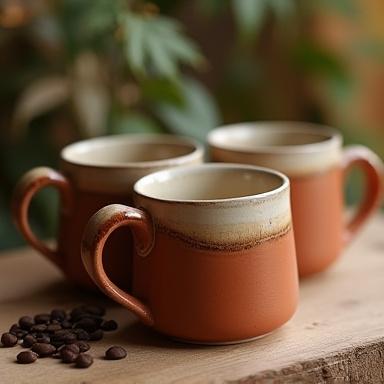 Set aus handgemachten Steinguttassen für Kaffee