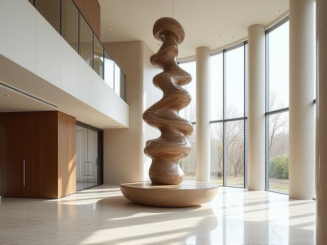 Eine moderne, große Keramikskulptur steht als Blickfang in der Lobby eines eleganten Bürogebäudes.