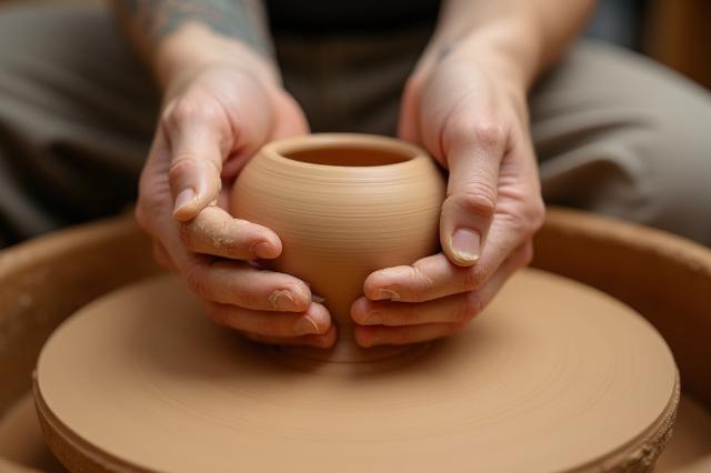 Hände, die Ton auf einer Töpferscheibe kneten und zentrieren.